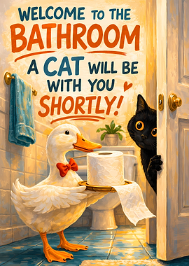 Funny Bathroom Sign with Duck and Cat