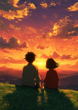 Couple watching sunset over landscape