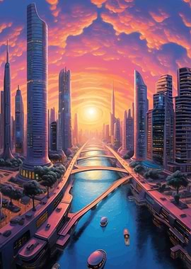 Futuristic Cityscape at Sunset