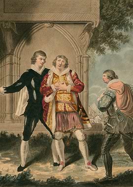 Three men in historical costumes in a garden setting