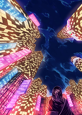 Anime cityscape with neon signs