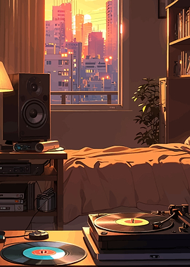 Anime Bedroom with City View and Turntable