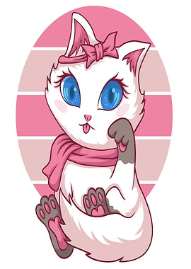 Cute cartoon cat with pink bow and scarf