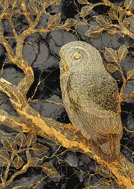 Golden Owl Perched On Branch