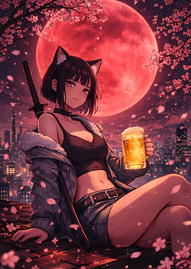Anime Girl with Cat Ears and Beer