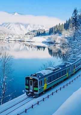 Train in Snowy Japanese Landscape