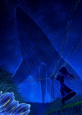 Girl watches a giant whale in the night sky