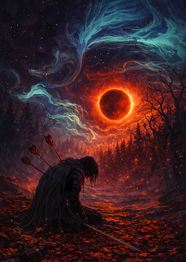 Warrior kneeling under a fiery eclipse