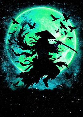 Samurai Silhouette Under a Green Moon