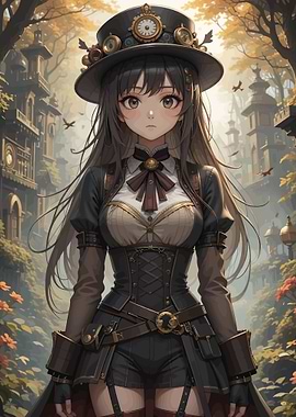 Steampunk Anime Girl in City