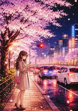 Anime Girl Under Cherry Blossoms at Night