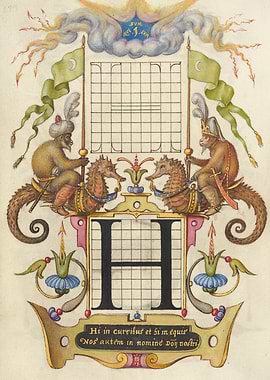 Ornate Letter H with Monkeys and Seahorses