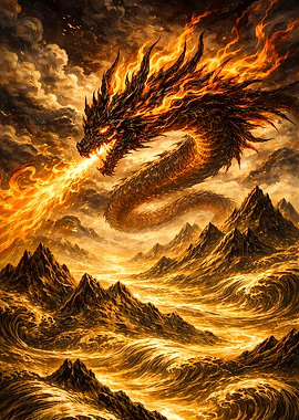 Fiery Dragon Over Molten Mountains