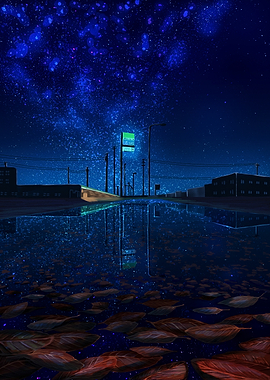 Starry Night Reflection in Puddle