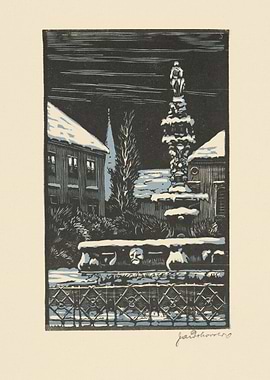 Winter Square with Fountain and Statue