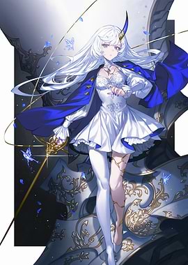Anime Girl with White Hair and Blue Cape