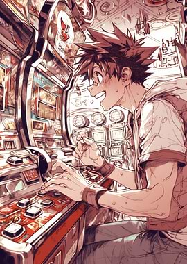 Anime Boy Playing Slot Machine