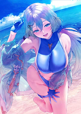 Anime Girl in Blue Bikini on Beach