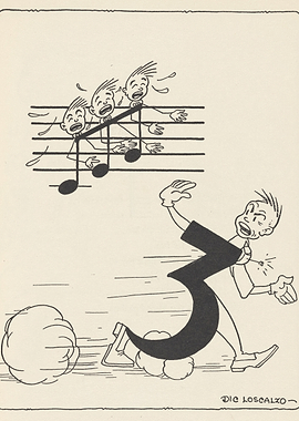 Cartoon number 3 running with musical notes
