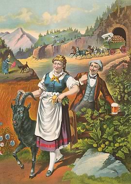 Alpine Scene with Farmers and Horse-Drawn Wagon