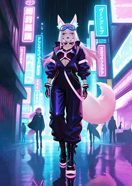 Cyberpunk Fox Girl in Neon City