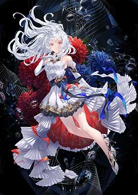 Anime Girl with White Hair and Flowers