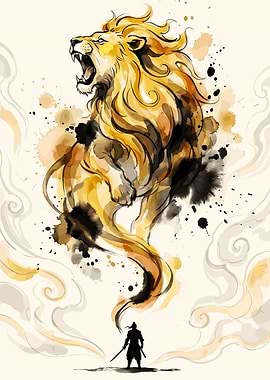 Warrior facing a roaring lion