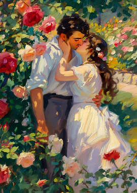 Couple kissing in a rose garden