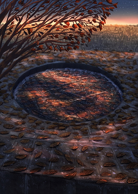 Autumn Leaves in a Cityscape at Sunset