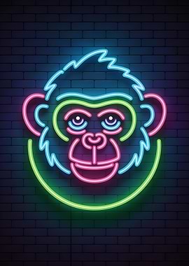Neon Monkey Face on Brick Wall