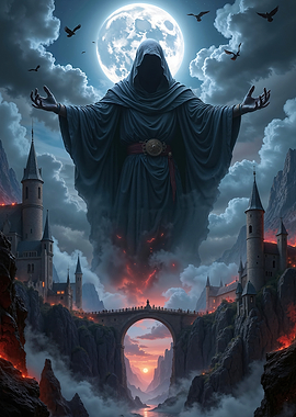 Dark Fantasy Grim Reaper over burning castles