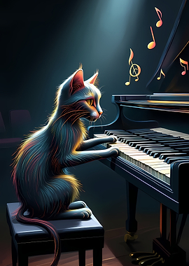 Cat playing piano with music notes