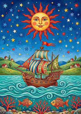 Whimsical Sailing Ship Under a Starry Sky
