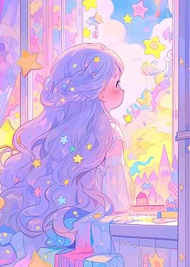 Girl with Purple Hair and Stars