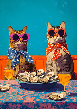 Cats Enjoying Oysters and Wine