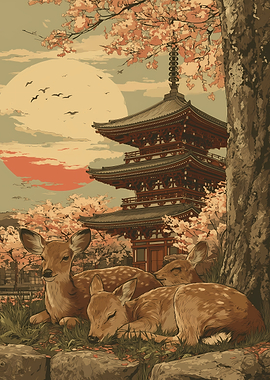 Deer and Pagoda under Cherry Blossoms Japan