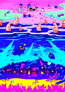Surreal Beach Scene with Characters and Tentacles