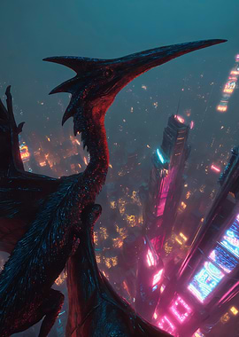 Cyberpunk Pterodactyl Flying Over City