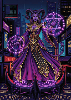 Pixel Art Demon Sorceress in Cyberpunk City