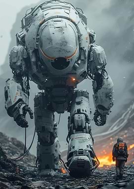 Giant Mech and Soldier in a Post-Apocalyptic