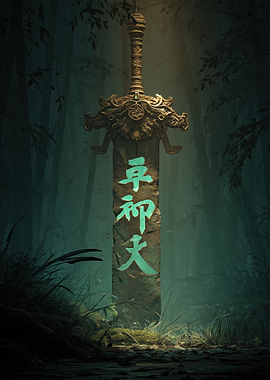 Giant Sword in a Mystical Forest