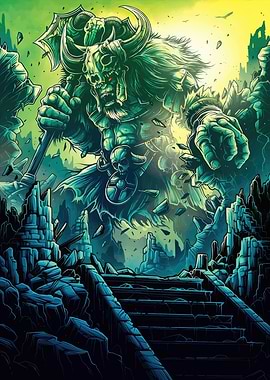 Giant Skull Warrior in Ruined Landscape