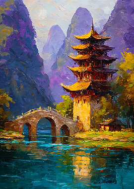 Asian Pagoda Mountain River Landscape