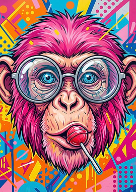 Pink Monkey with Glasses and Lollipop