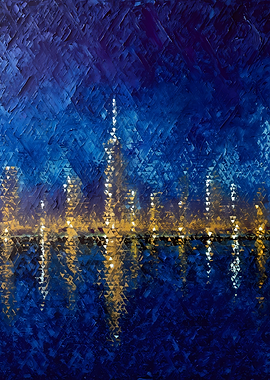 Cityscape at Night Reflection Painting