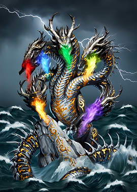 Multi-headed Dragon in Stormy Seas