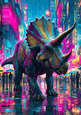 Triceratops In Cyberpunk Neon City