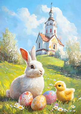 Easter Bunny and Chick with Painted Eggs
