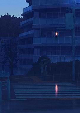 Person with Umbrella in Rainy City