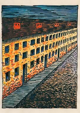 Industrial Building Facade with Cobblestone Street